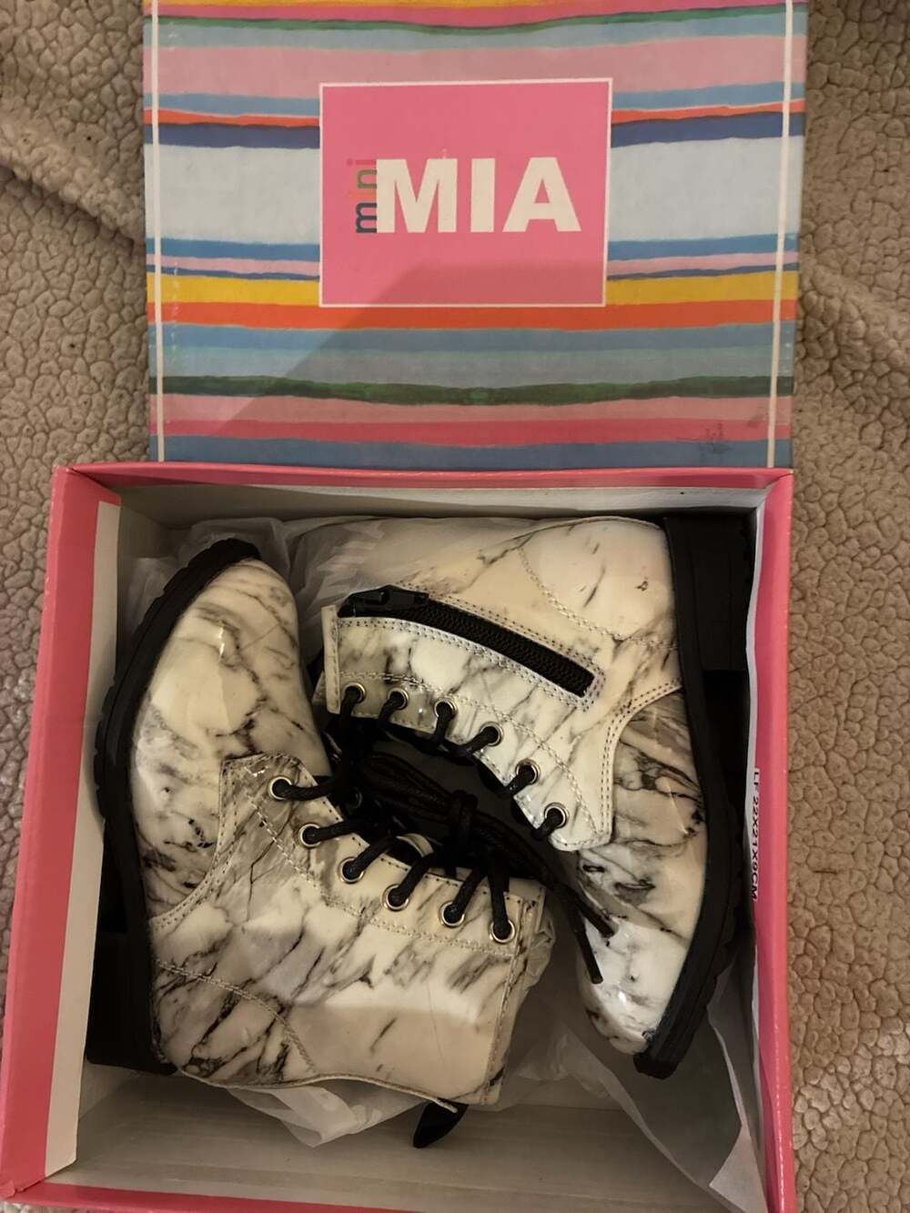 mini MIA Girls White and Black Marble Print Combat Boots